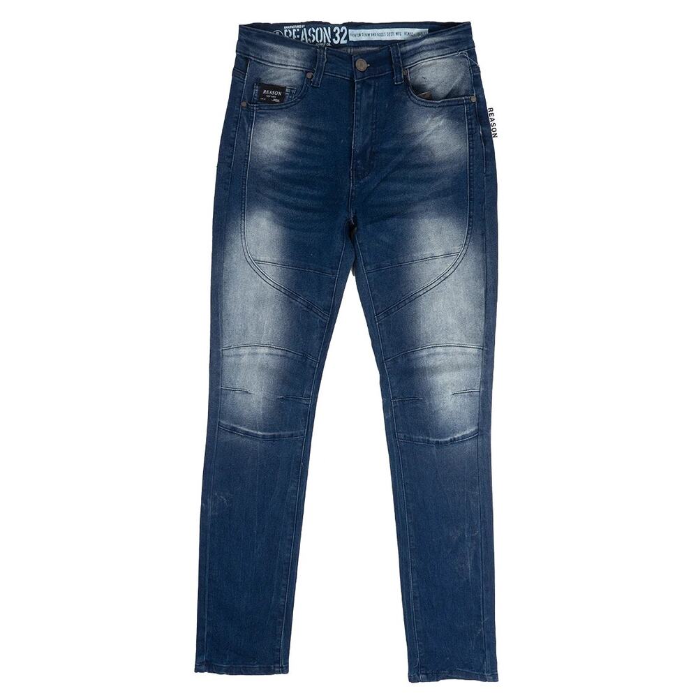 Reason Brand Men's Slim Skinny Fit Stretch Moto Jeans in Blue Washed